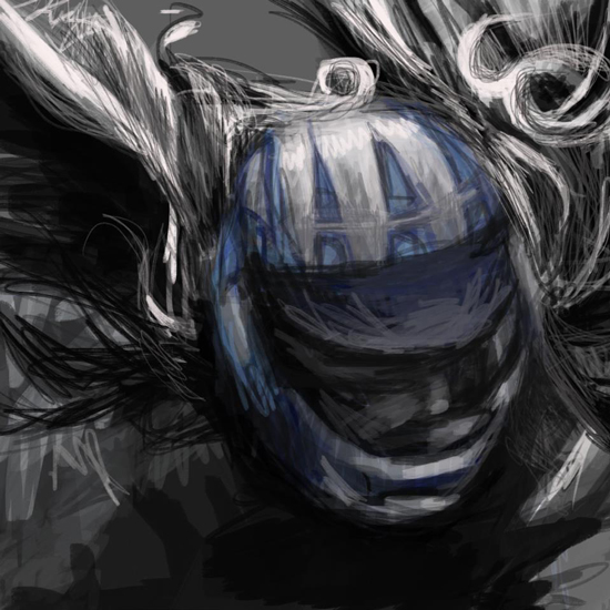 A motorcycle helmet with hair flowing out of it.